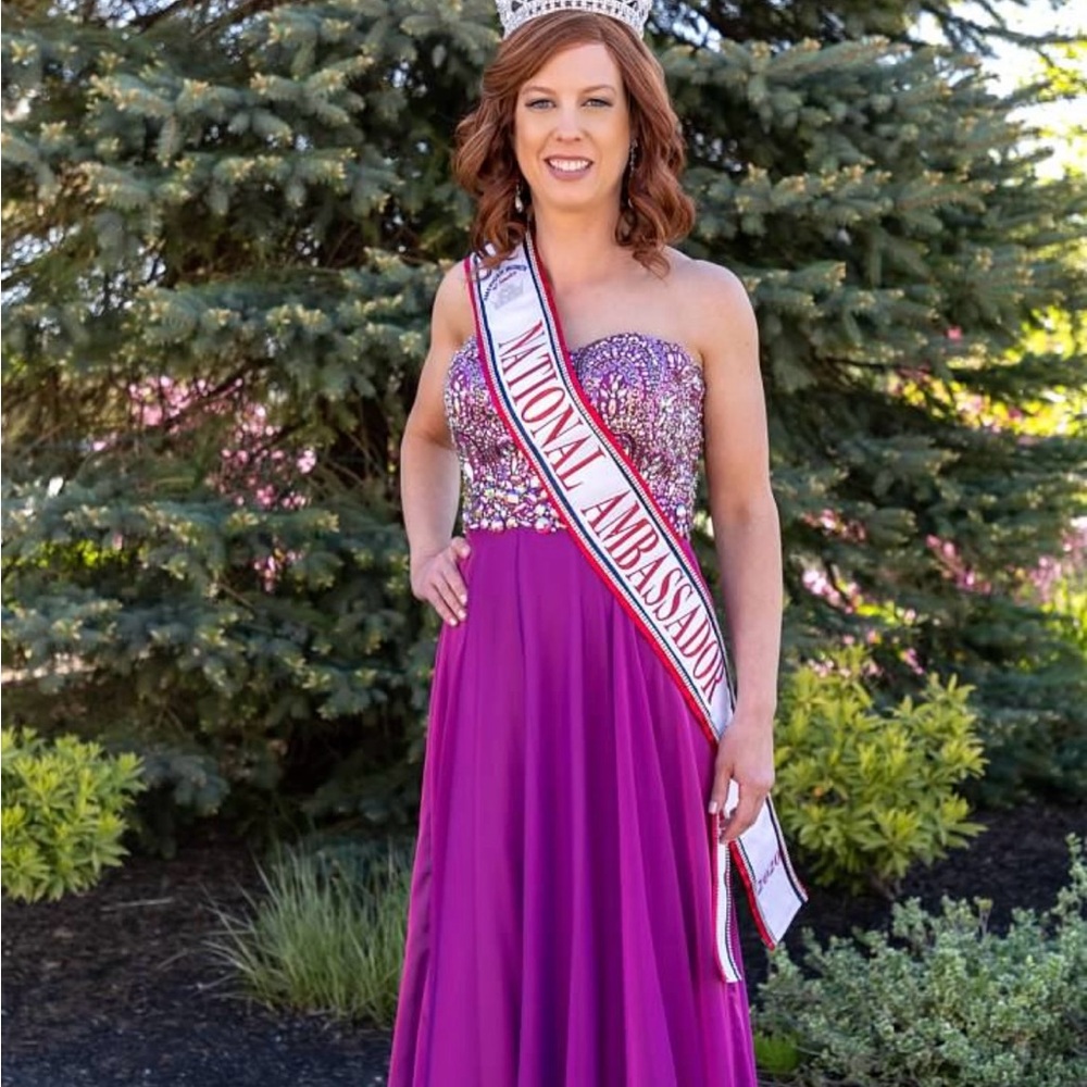 Tony Bowls Strapless Fuchsia Beaded Bodice Evening Gown - Picture 1 of 2